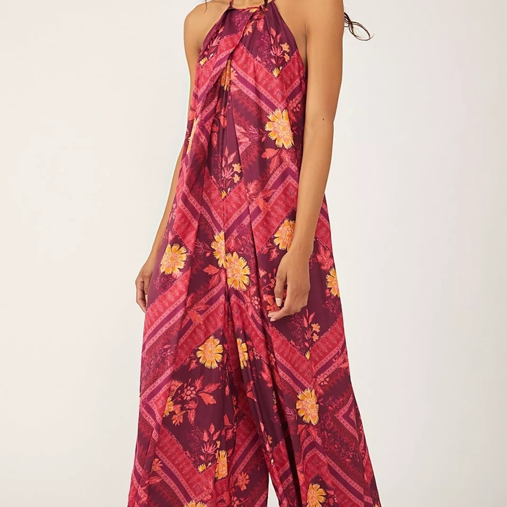 Free Peopke Floral Halter Jumpsuit in Red and Orange